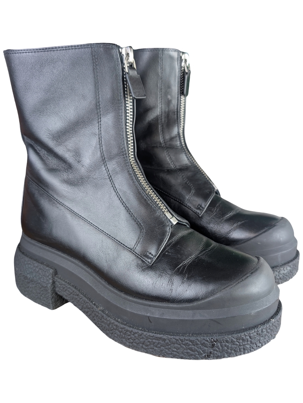 Stuart Weitzman Charli Black Leather Zip Platform Boots Size 5 Chunky Moto Edgy